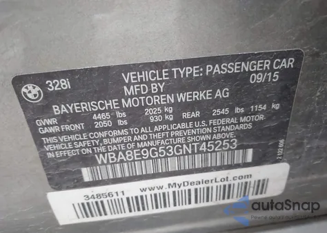 2016 BMW 328I from USA, damaged, VIN WBA8E9G53GNT45253